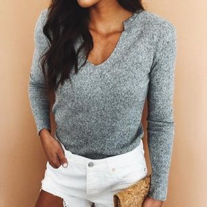 SOCIALITE ribbed split neck gray sweater